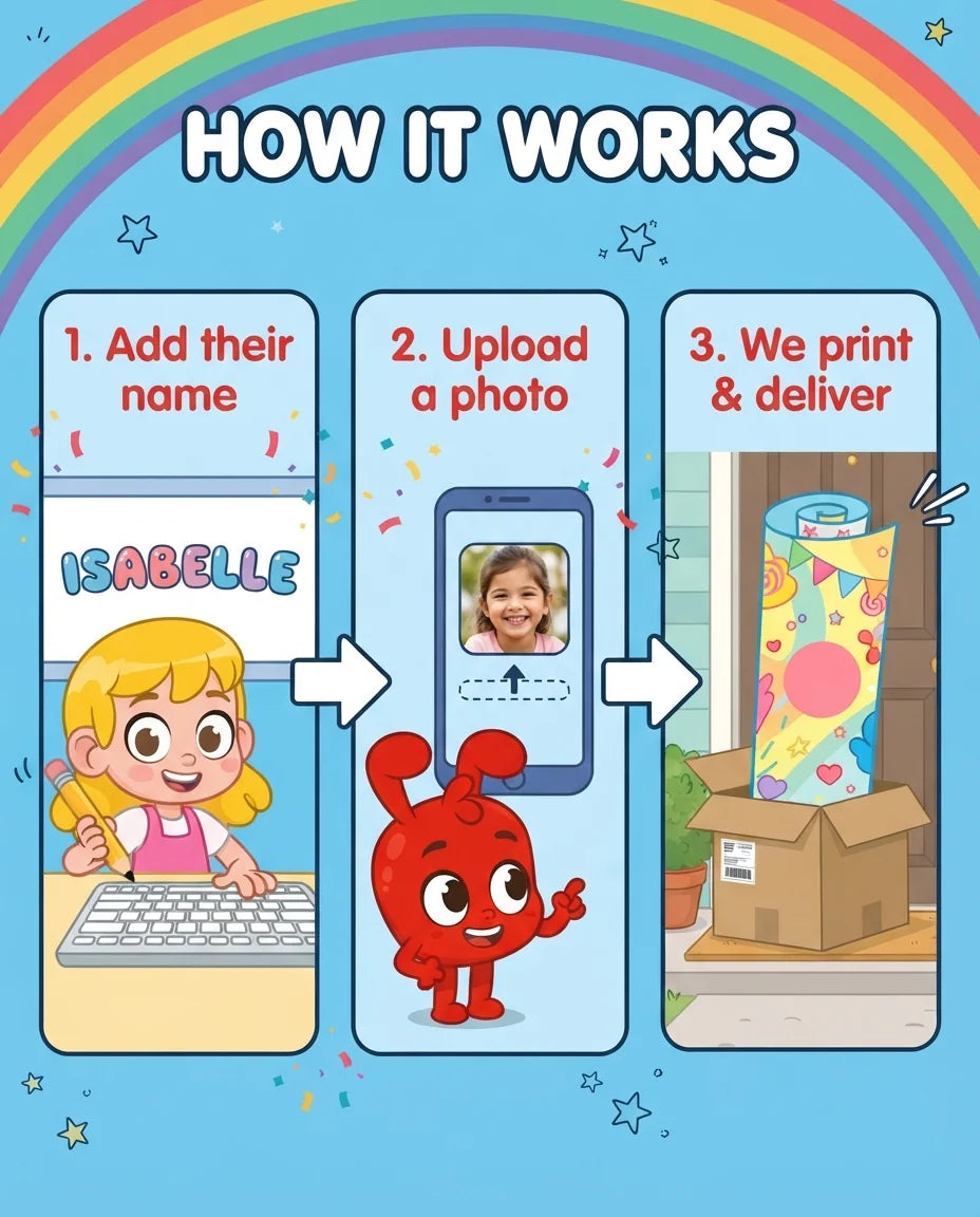 How it works: add a name, upload a photo, and we print and deliver the Morphle Mega Card
