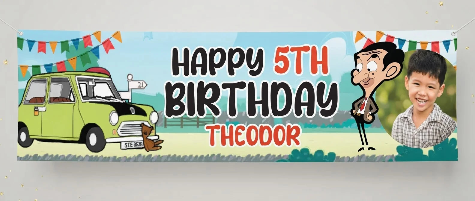 Personalised Mr. Bean Birthday Banner displayed against a plain studio background