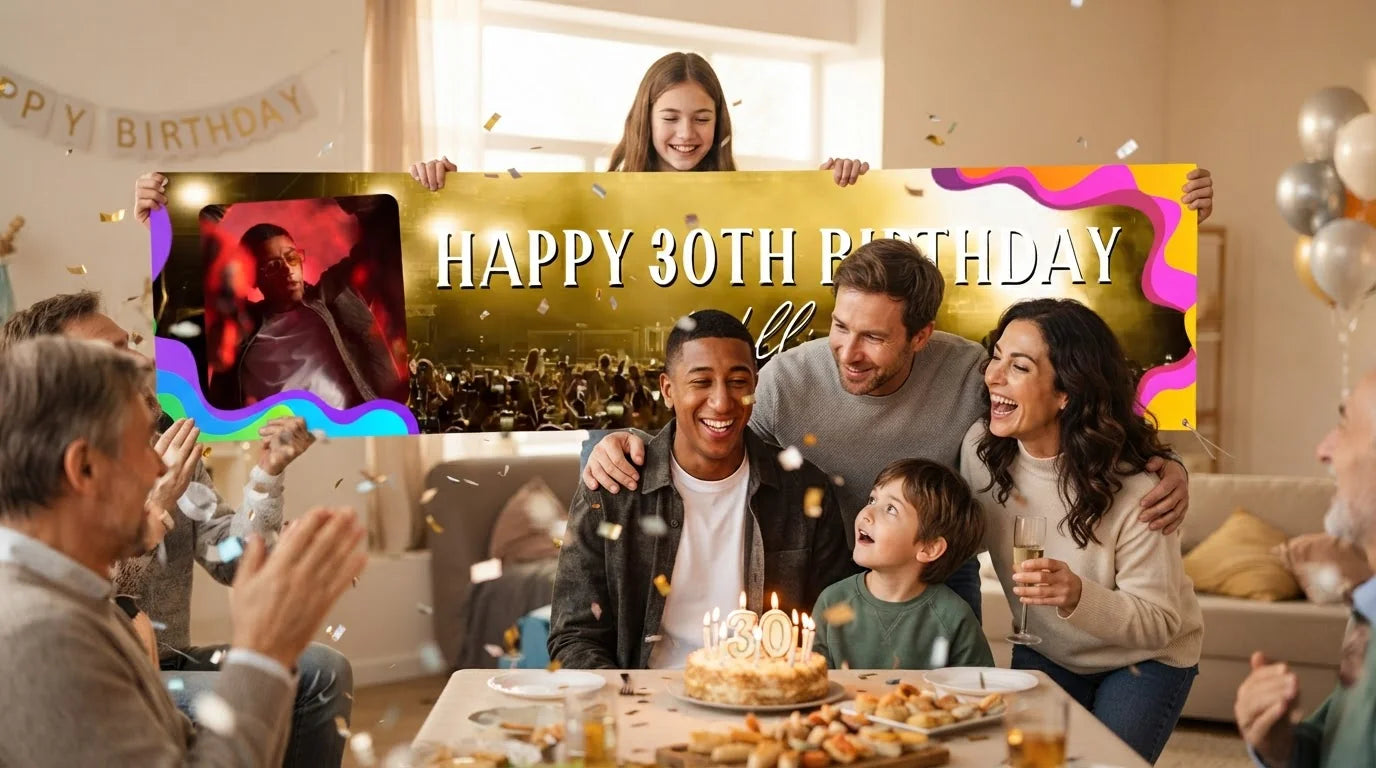 Friends and family celebrating with the personalised Music Festival Birthday Party Banner