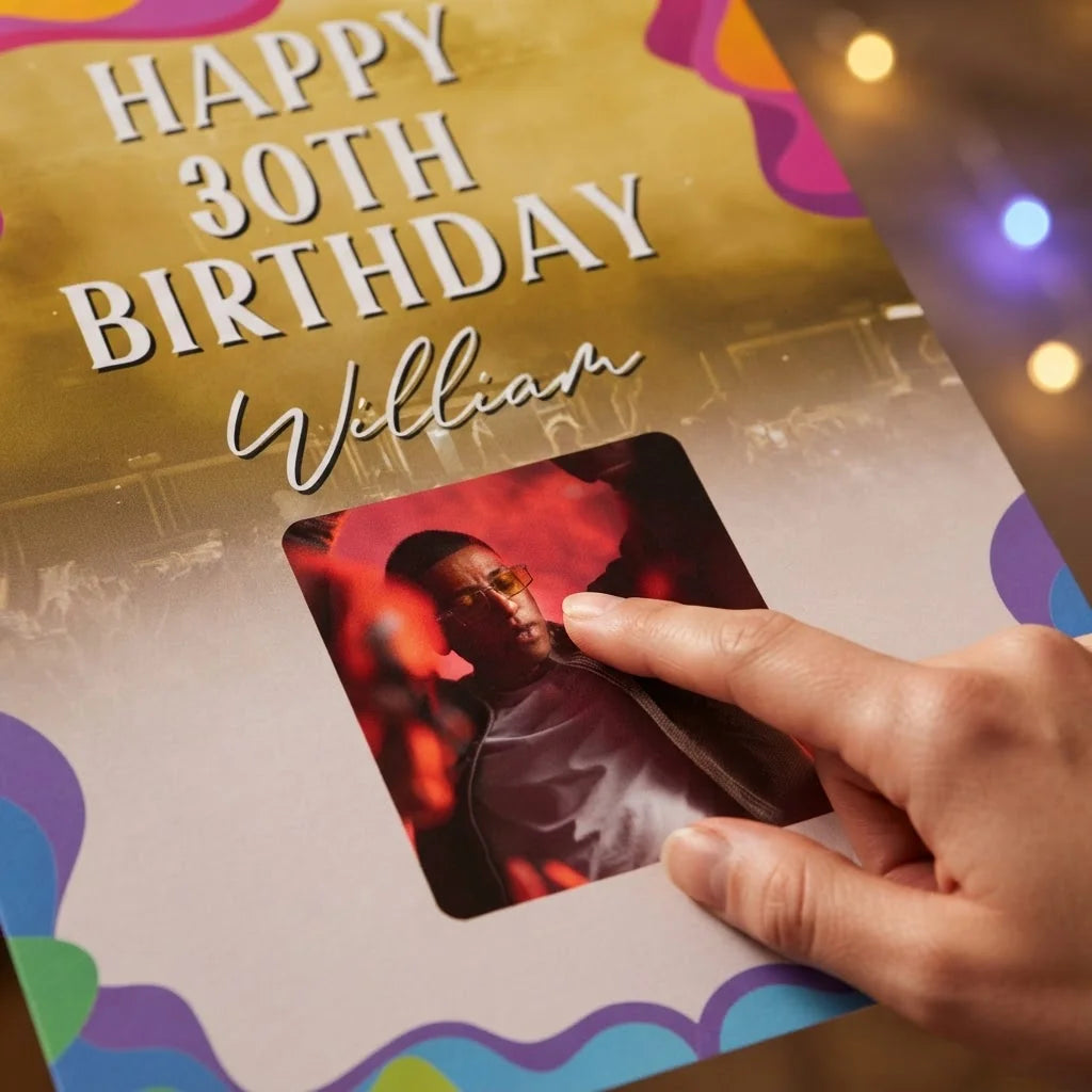 Close-up of the personalised name and photo printed on the Music Festival Birthday Party Mega Card