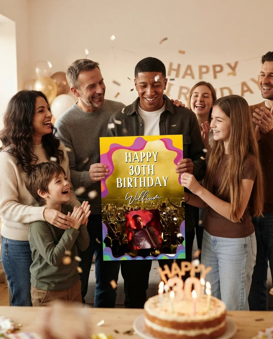 Friends and family celebrating with the personalised Music Festival Birthday Party Mega Card