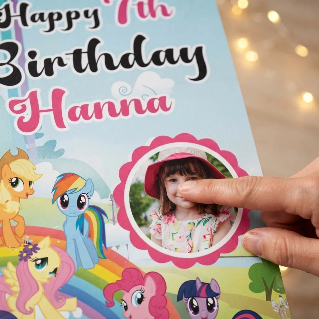 Close-up of the personalised name and photo printed on the My Little Pony Mega Card