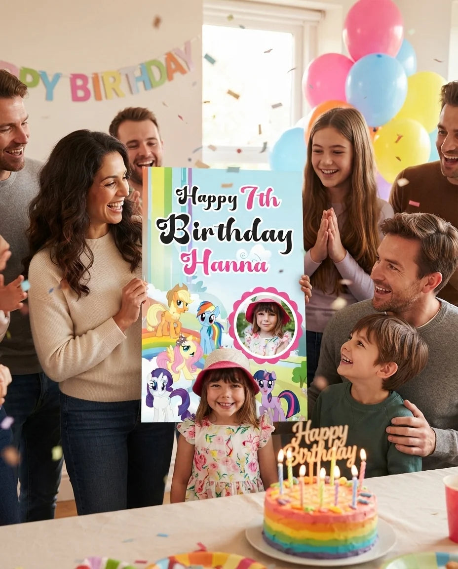 Friends and family celebrating with the personalised My Little Pony Mega Card