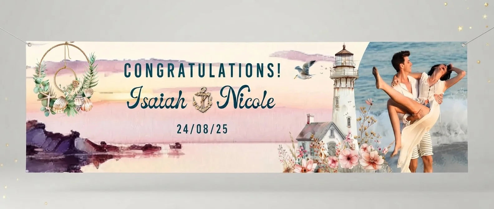Personalised Nautical Theme Wedding Banner displayed against a plain studio background
