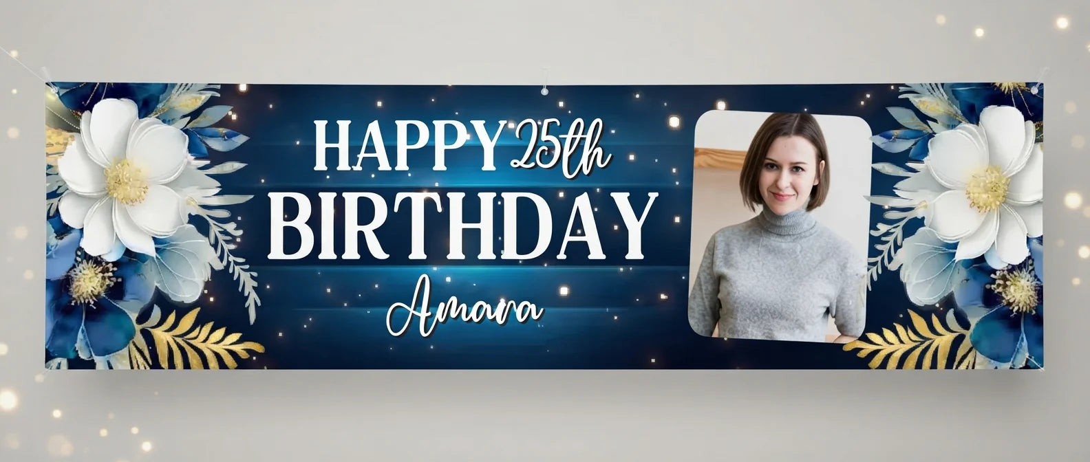 Personalised Navy Blue Floral Theme Birthday Party Banner displayed against a plain studio background