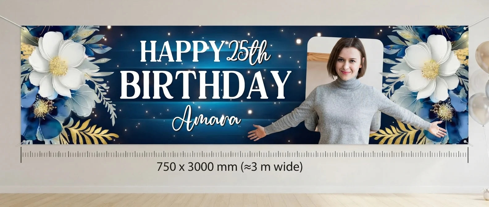 Person standing beside the Navy Blue Floral Theme Birthday Party Banner for scale, with size guide showing 750 x 3000 mm