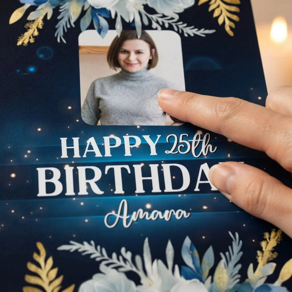 Close-up of the personalised name and photo printed on the Navy Blue Floral Theme Birthday Party Mega Card