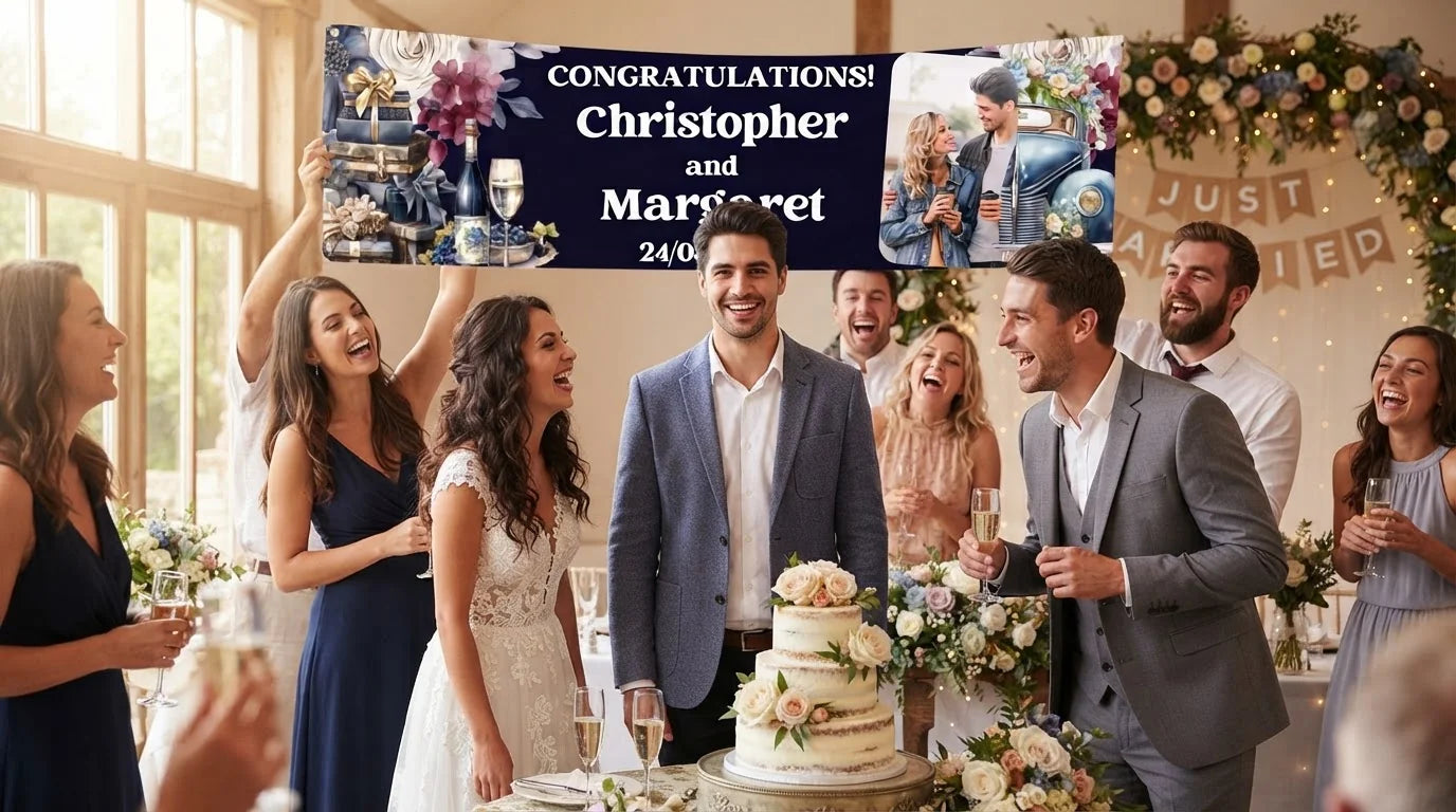 Friends and family celebrating with the personalised Navy Blue Theme Wedding Banner