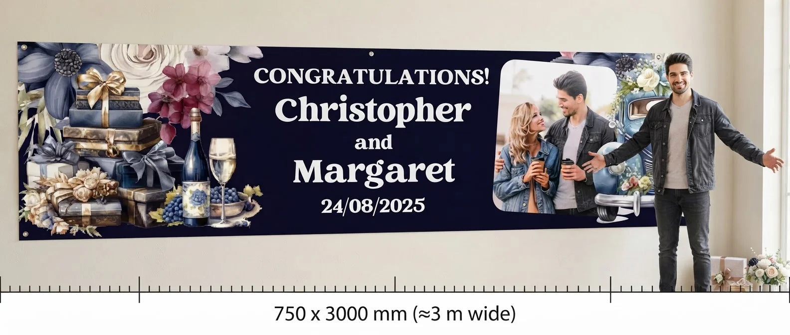 Person standing beside the Navy Blue Theme Wedding Banner for scale, with size guide showing 750 x 3000 mm