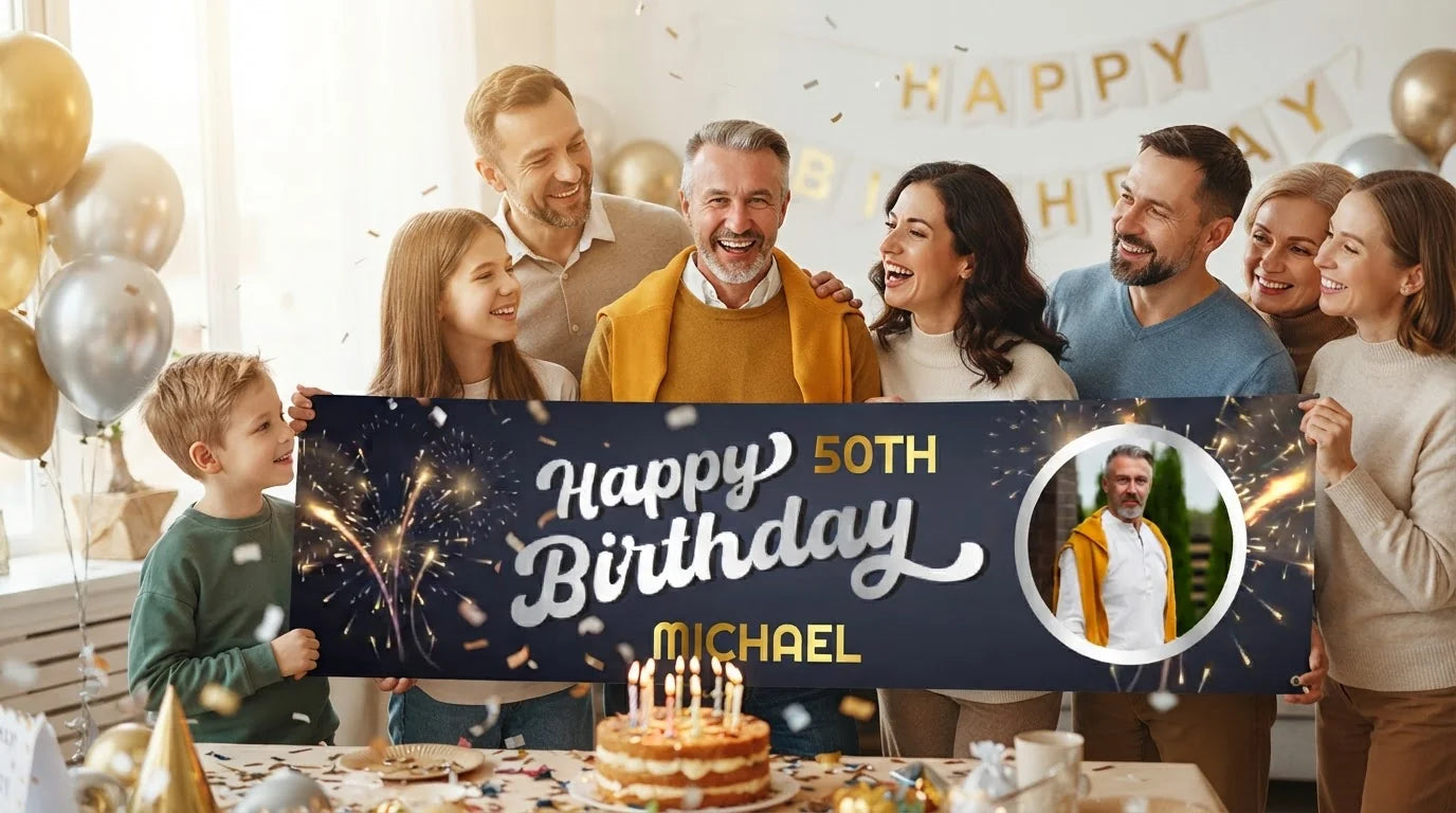 Friends and family celebrating with the personalised New Year Fireworks Birthday Party Banner
