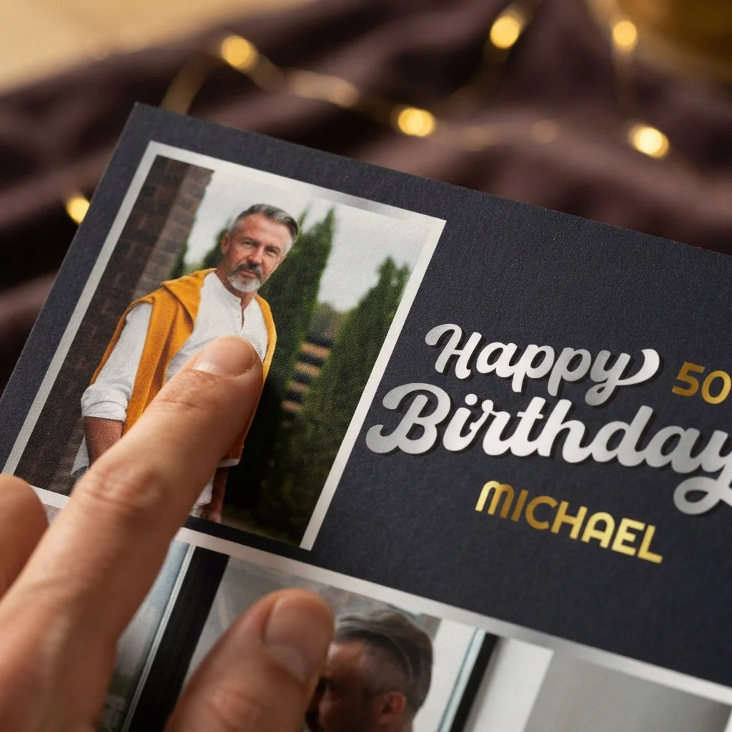 Close-up of the personalised name and photo printed on the New Year Fireworks Birthday Party Mega Card