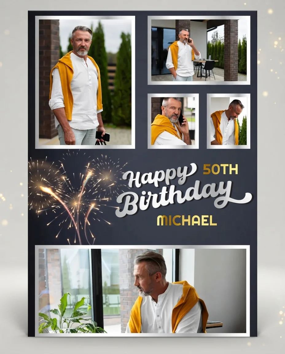 Personalised New Year Fireworks Birthday Party Mega Card displayed against a plain studio background