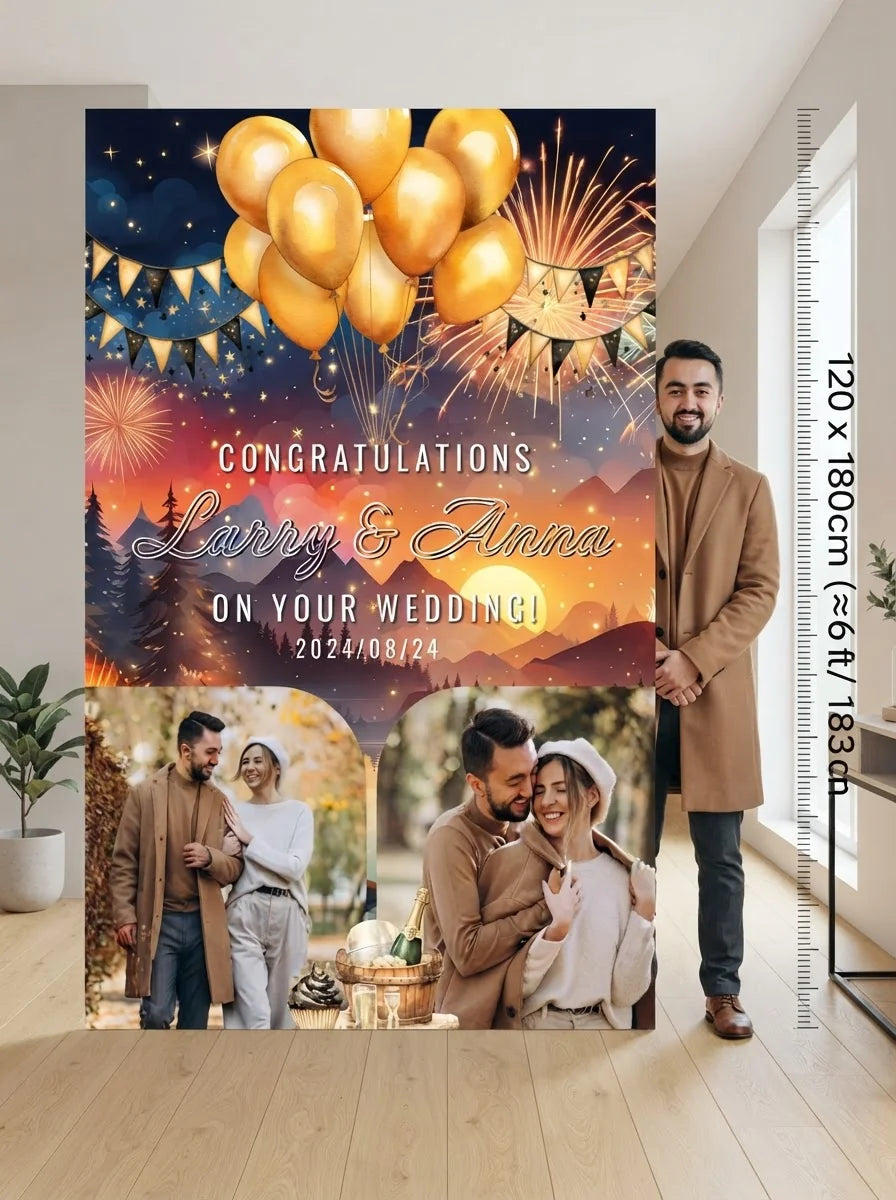 Person standing beside the New Year Wedding Mega Card for scale in a size guide