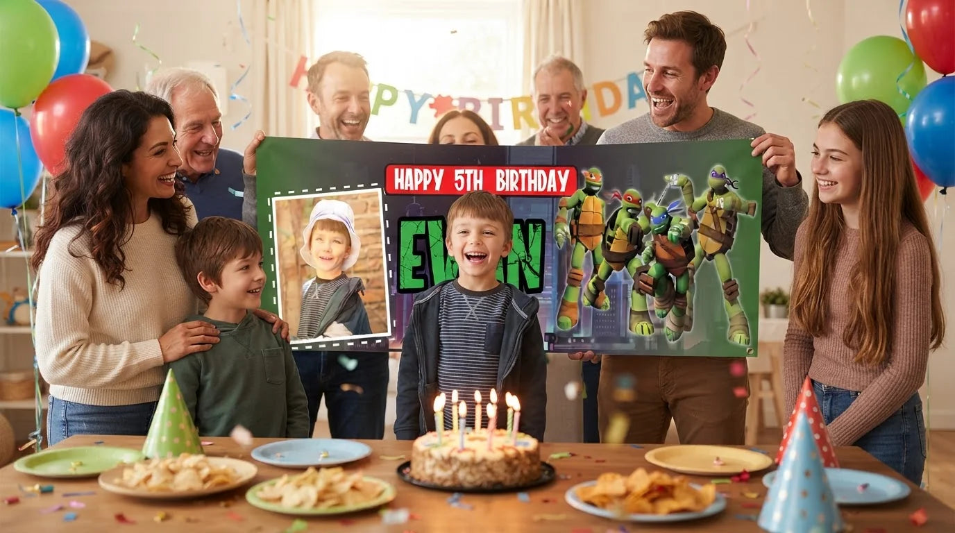 Friends and family celebrating with the personalised Ninja Turtles Birthday Banner