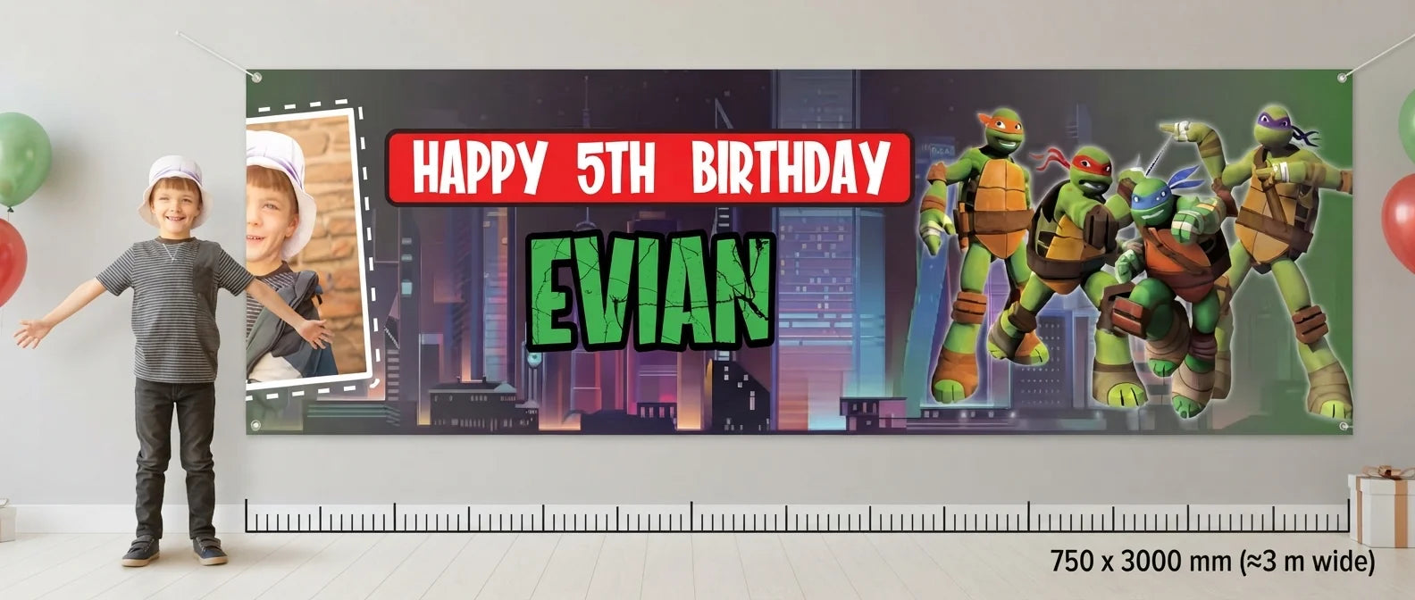 Person standing beside the Ninja Turtles Birthday Banner for scale, with size guide showing 750 x 3000 mm