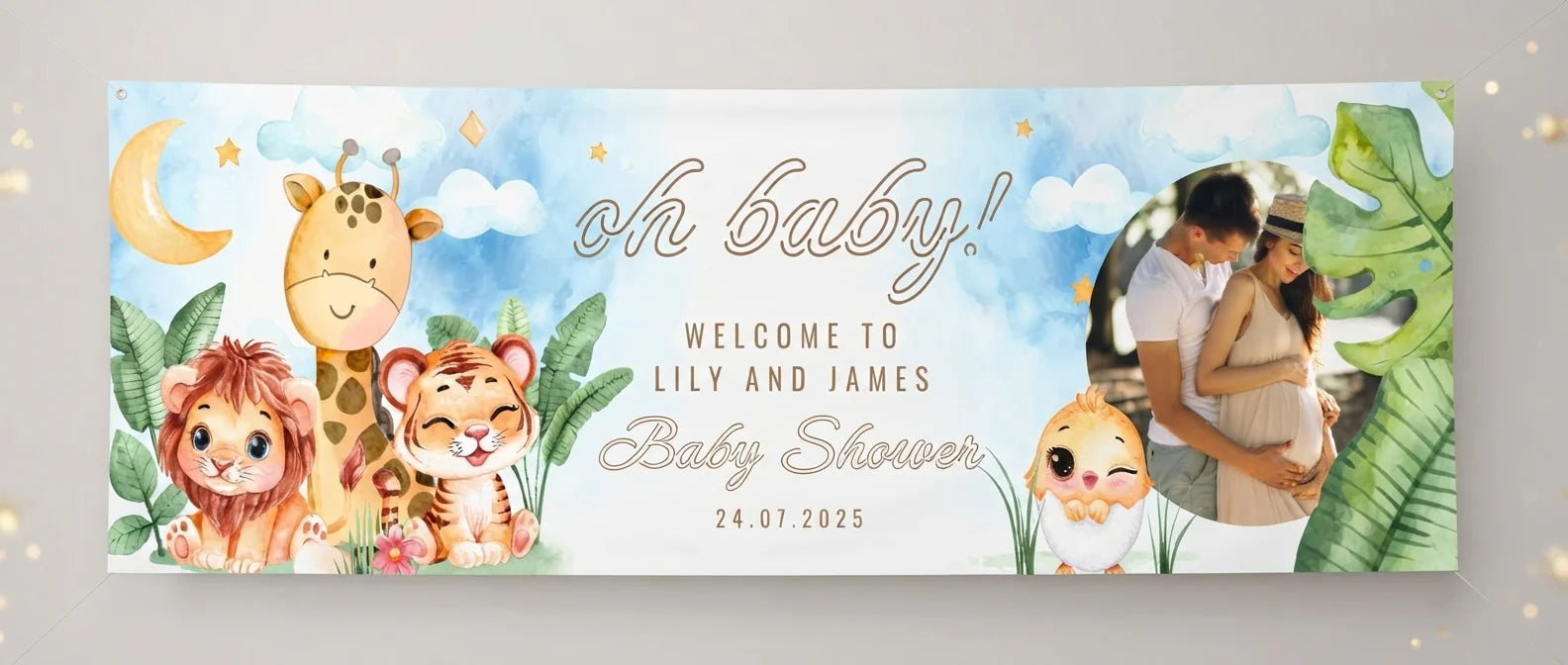 Personalised Oh Baby Cute Animals Theme Baby Shower Banner displayed against a plain studio background