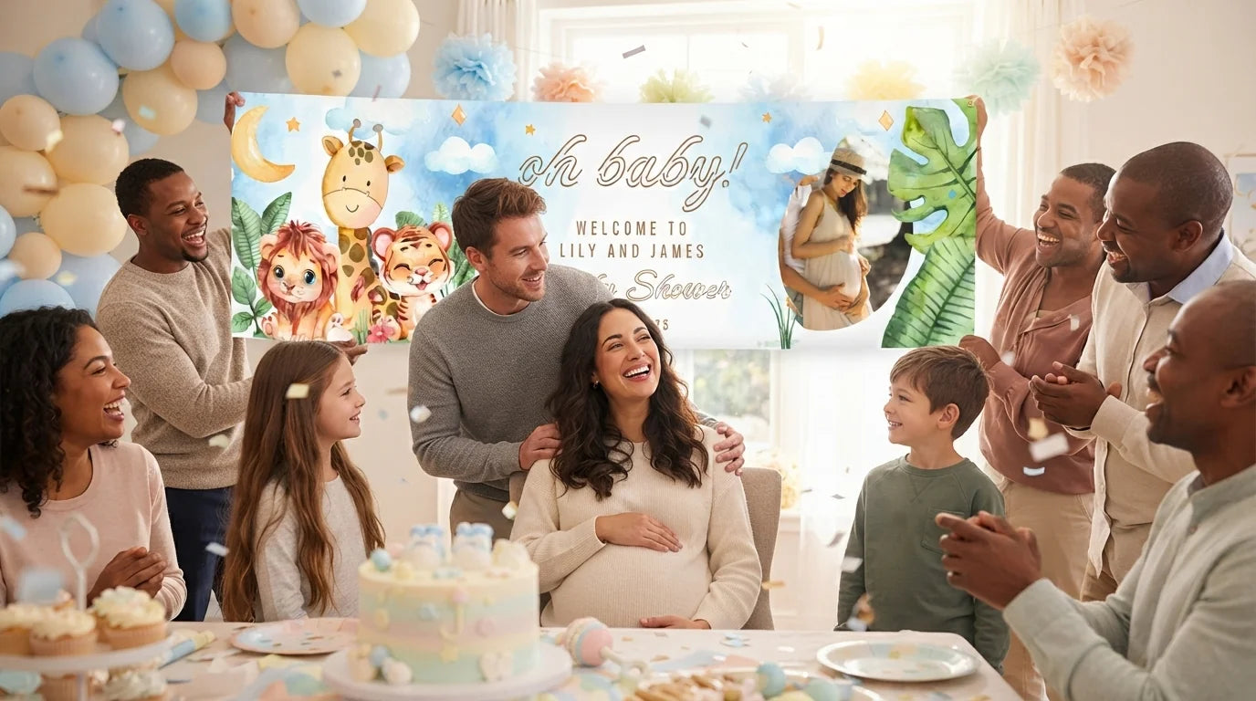Friends and family celebrating with the personalised Oh Baby Cute Animals Theme Baby Shower Banner