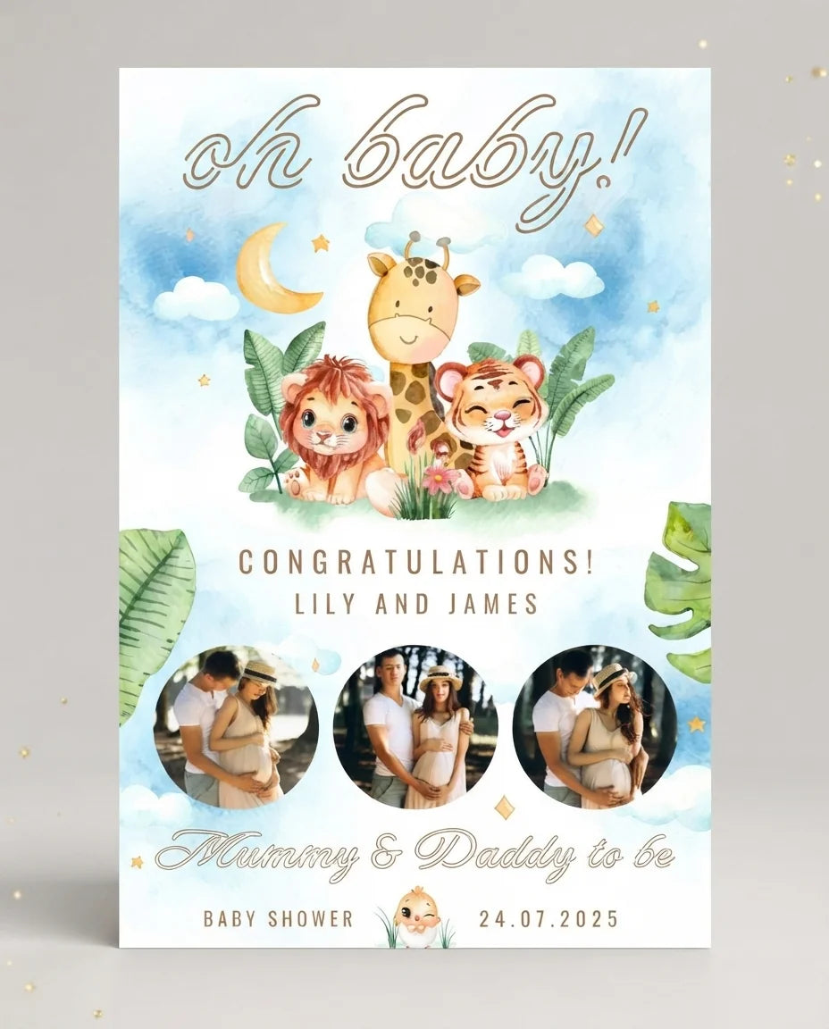 Personalised Oh Baby Cute Animals Theme Baby Shower Mega Card displayed against a plain studio background