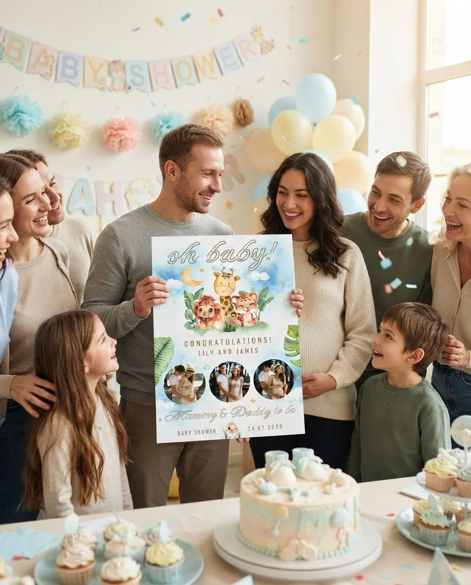 Friends and family celebrating with the personalised Oh Baby Cute Animals Theme Baby Shower Mega Card