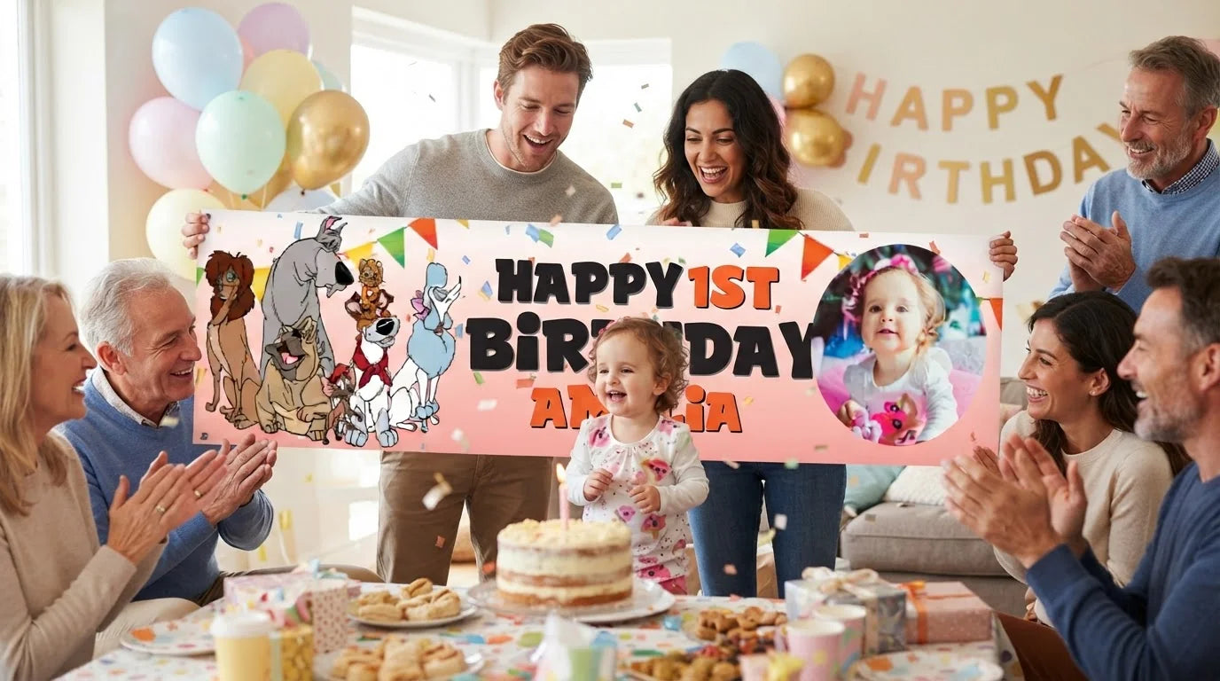 Friends and family celebrating with the personalised Oliver and Company Birthday Banner