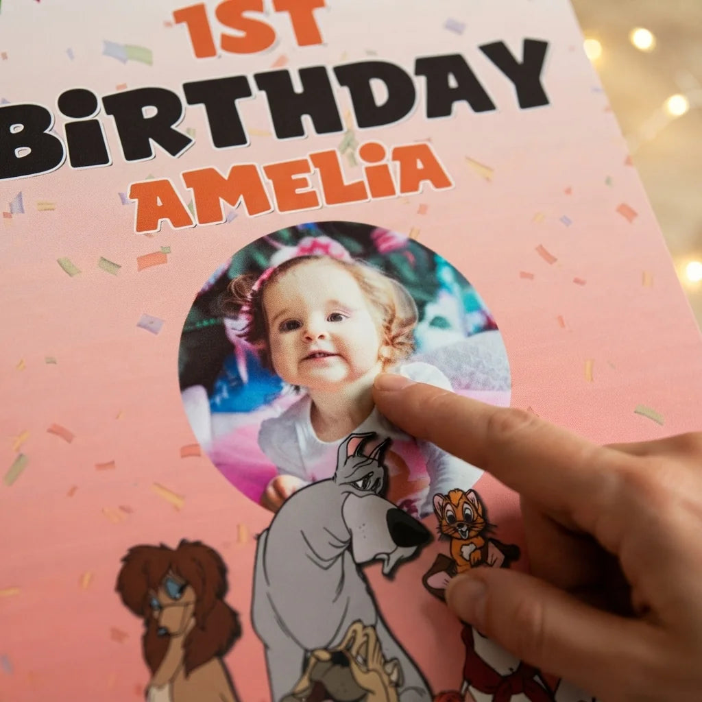 Close-up of the personalised name and photo printed on the Oliver and Company Mega Card