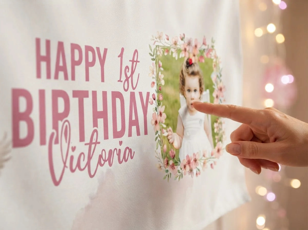 Close-up of the personalised name and photo printed on the One Silly Goose Birthday Party Banner