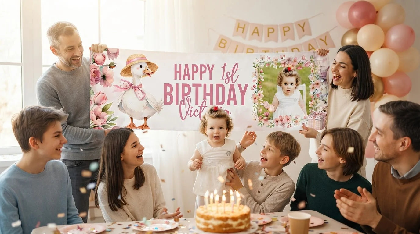 Friends and family celebrating with the personalised One Silly Goose Birthday Party Banner