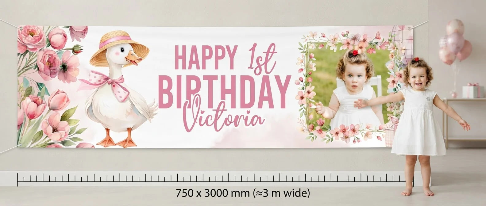 Person standing beside the One Silly Goose Birthday Party Banner for scale, with size guide showing 750 x 3000 mm