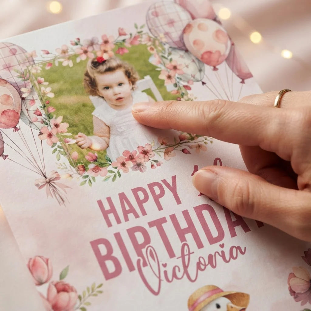 Close-up of the personalised name and photo printed on the One Silly Goose Birthday Party Mega Card