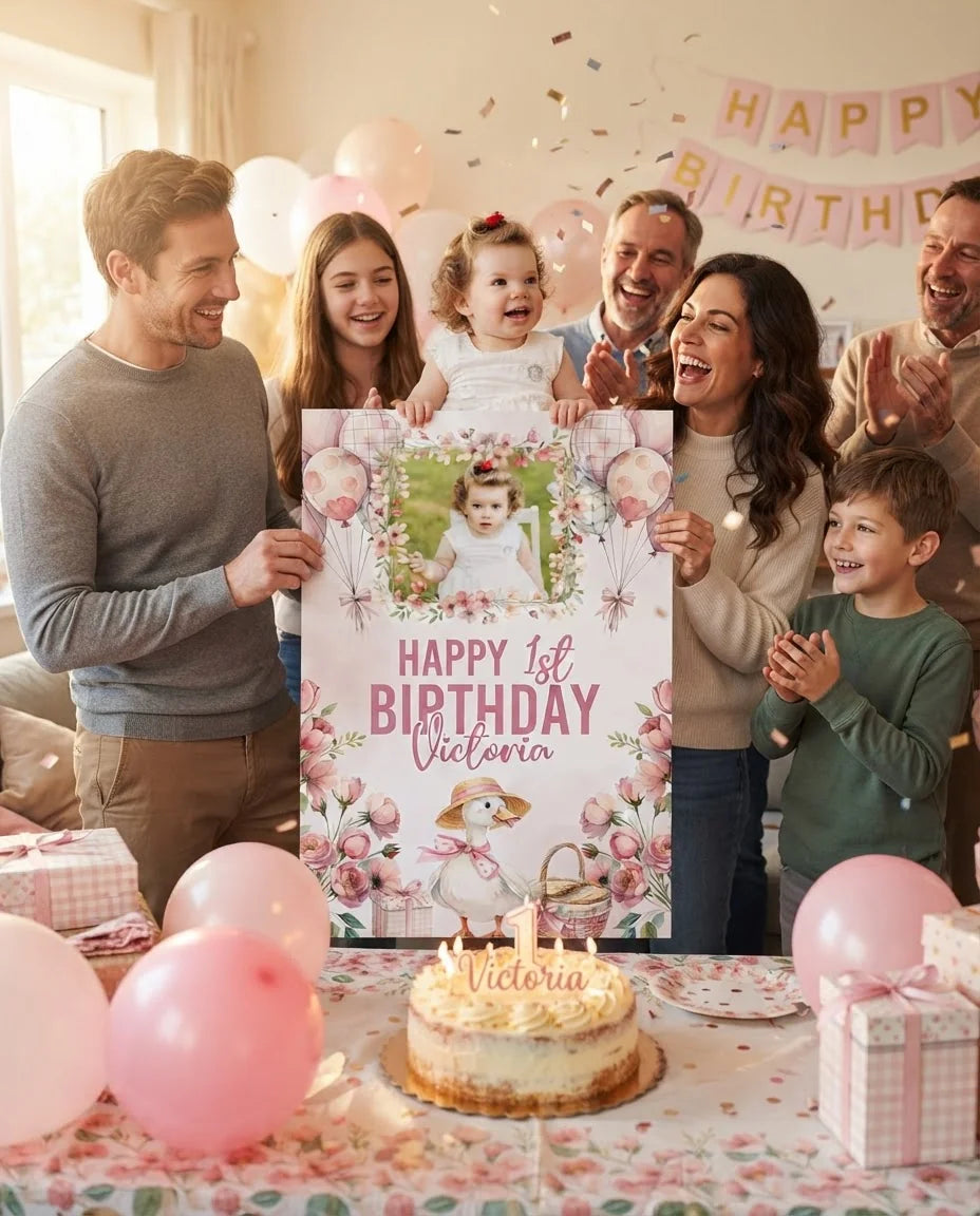 Friends and family celebrating with the personalised One Silly Goose Birthday Party Mega Card