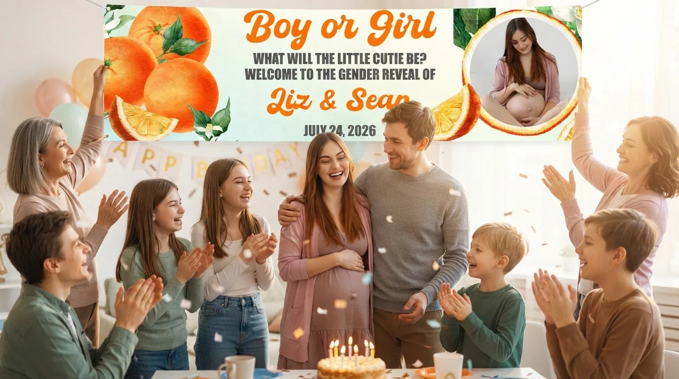 Friends and family celebrating with the personalised Orange Fruit Gender Reveal Party Banner
