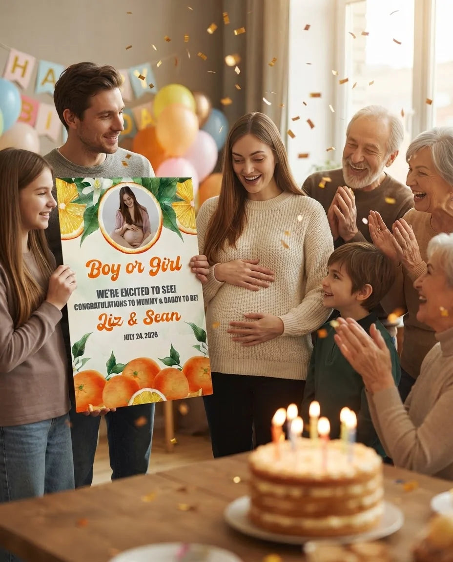 Friends and family celebrating with the personalised Orange Fruit Gender Reveal Party Mega Card