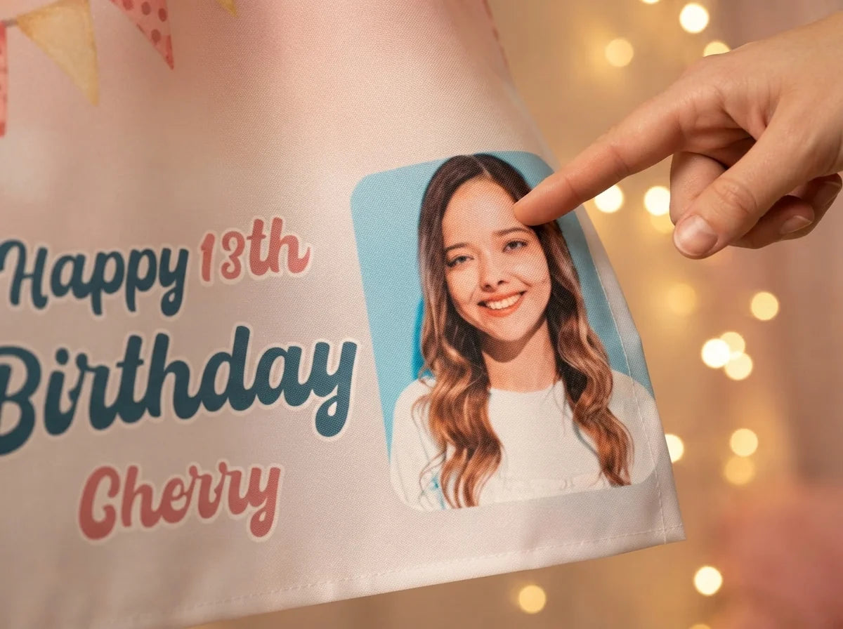 Close-up of the personalised name and photo printed on the Owl Lover Theme Birthday Party Banner
