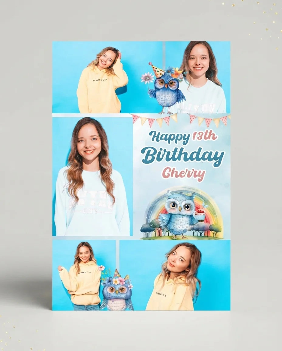 Personalised Owl Lover Theme Birthday Party Mega Card displayed against a plain studio background