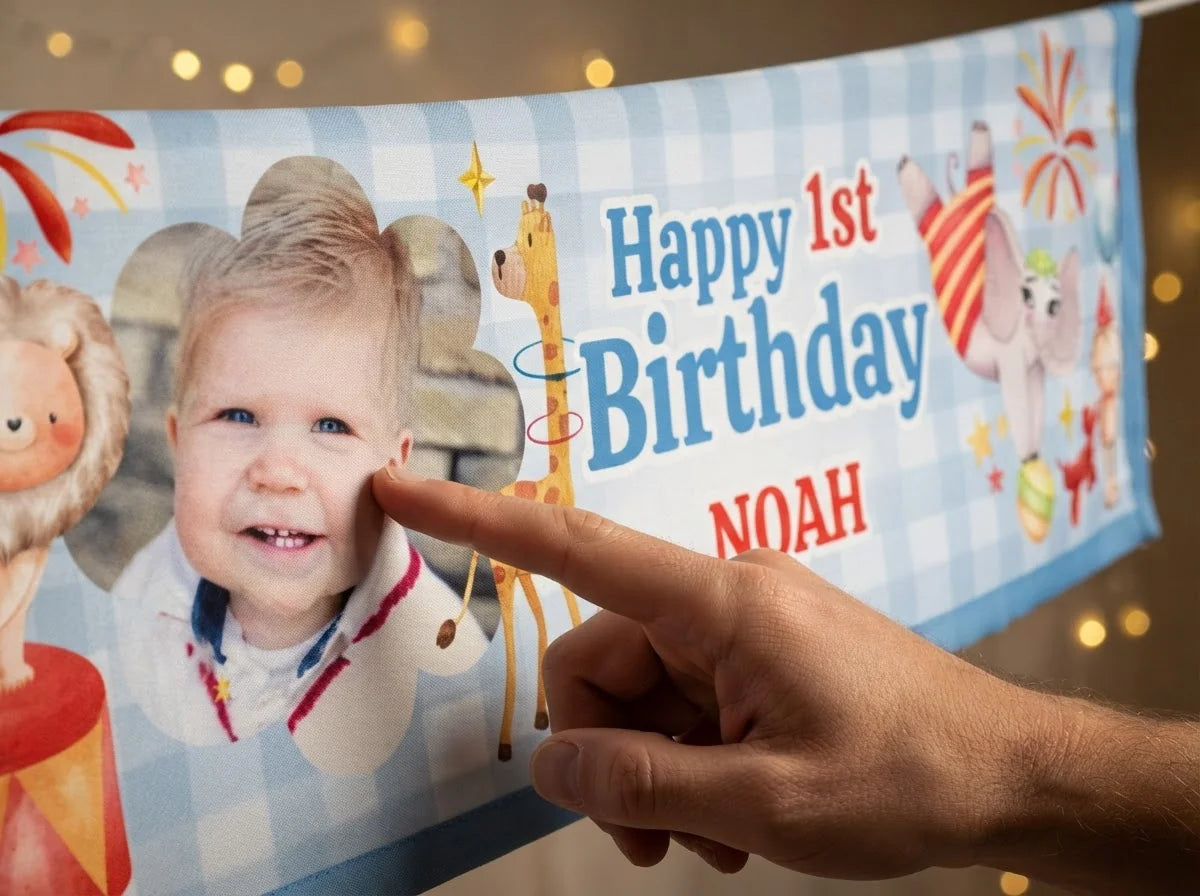 Close-up of the personalised name and photo printed on the Party Animals Circus Birthday Party Banner