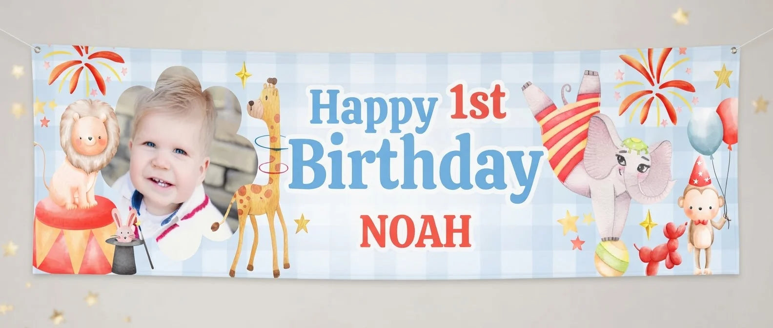 Personalised Party Animals Circus Birthday Party Banner displayed against a plain studio background