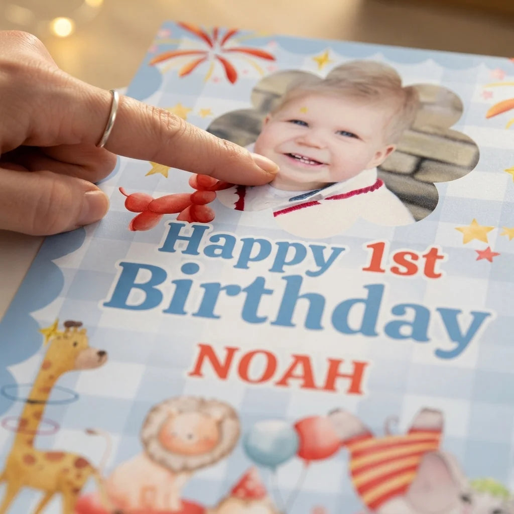 Close-up of the personalised name and photo printed on the Party Animals Circus Birthday Party Mega Card