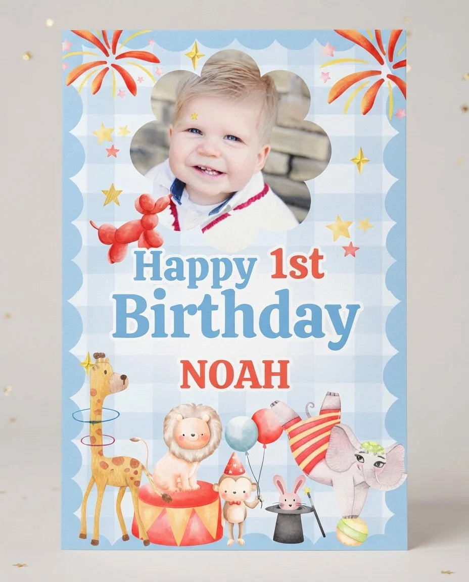 Personalised Party Animals Circus Birthday Party Mega Card displayed against a plain studio background
