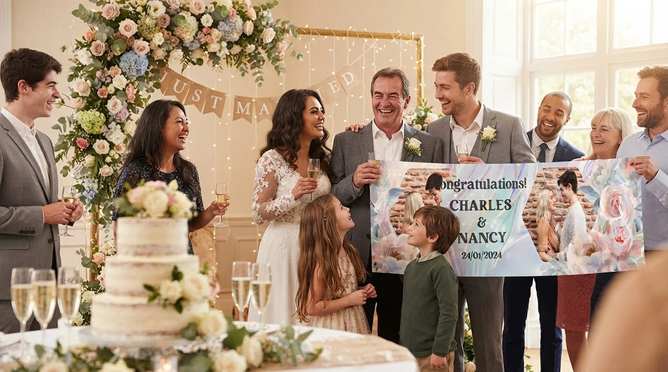 Friends and family celebrating with the personalised Pastel Pearl & Floral Theme Wedding Banner