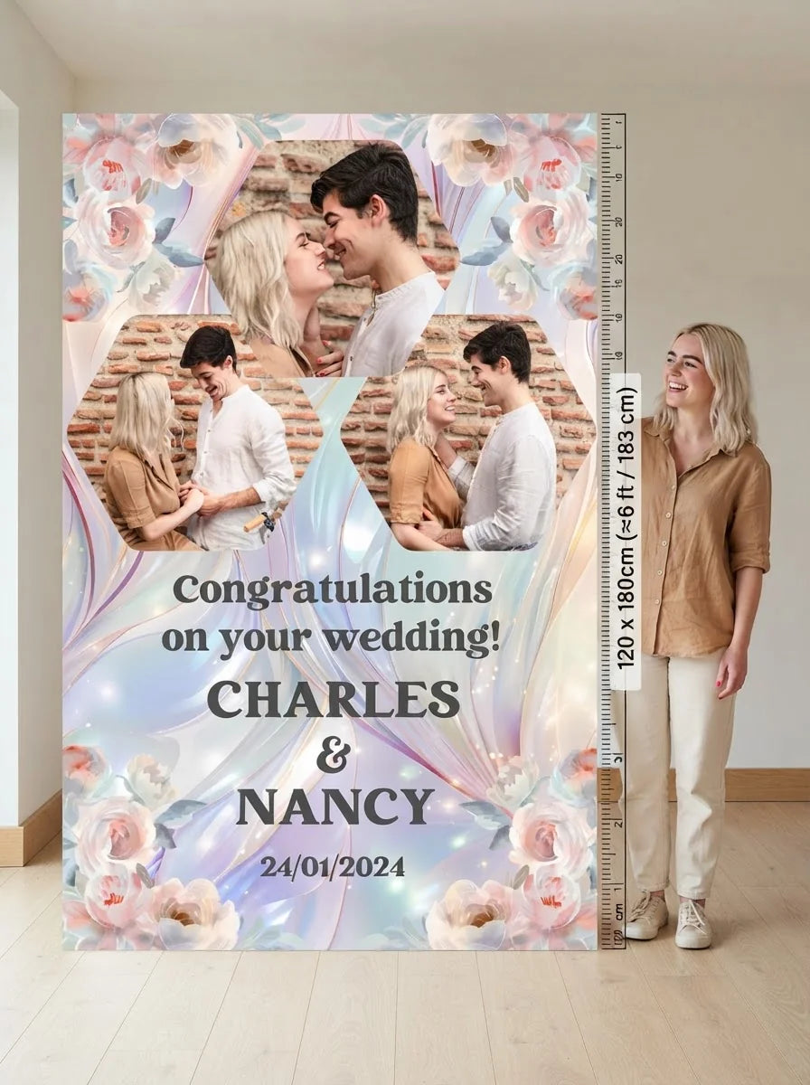 Person standing beside the Pastel Pearl & Floral Theme Wedding Mega Card for scale in a size guide