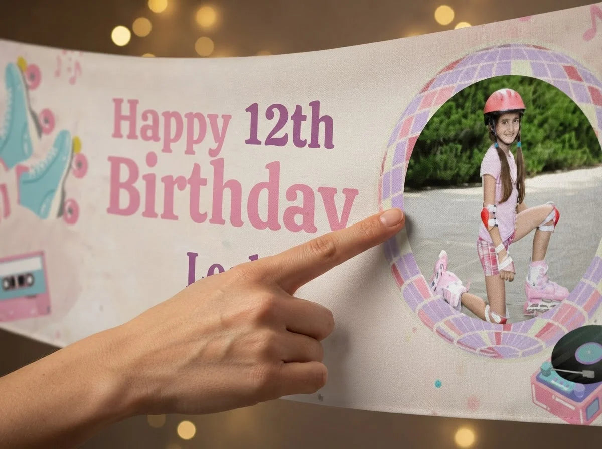 Close-up of the personalised name and photo printed on the Pastel Retro Roller Skate Birthday Banner