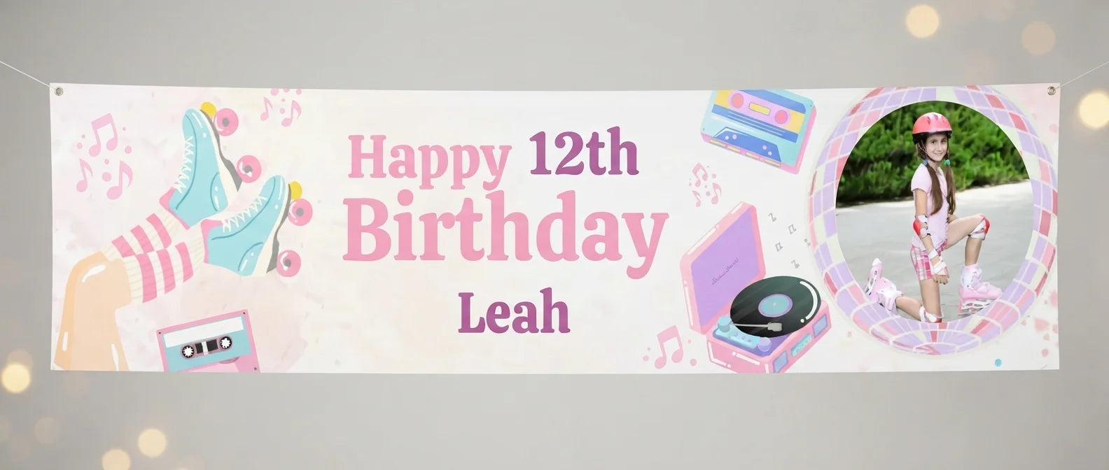 Personalised Pastel Retro Roller Skate Birthday Banner displayed against a plain studio background
