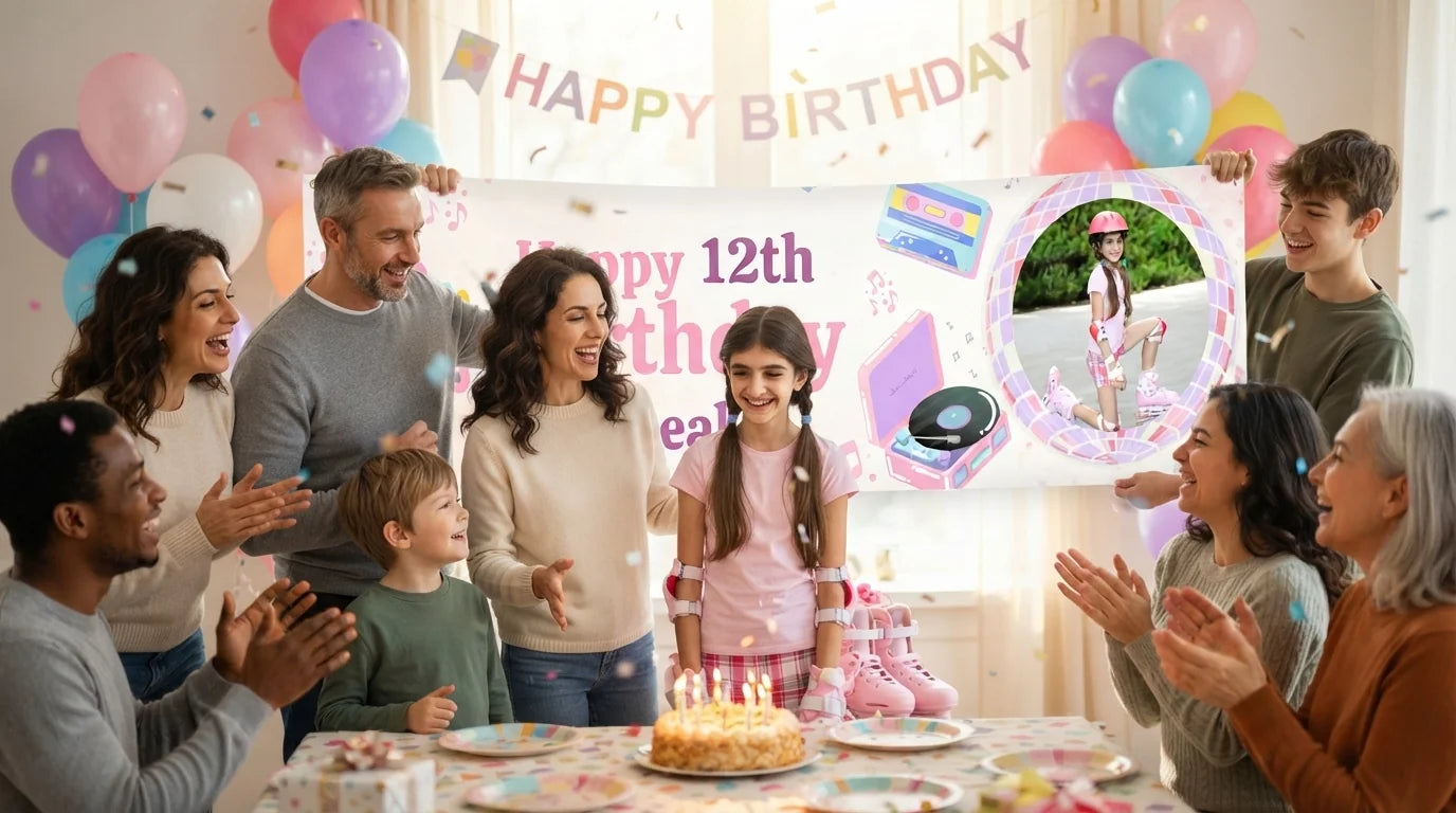 Friends and family celebrating with the personalised Pastel Retro Roller Skate Birthday Banner