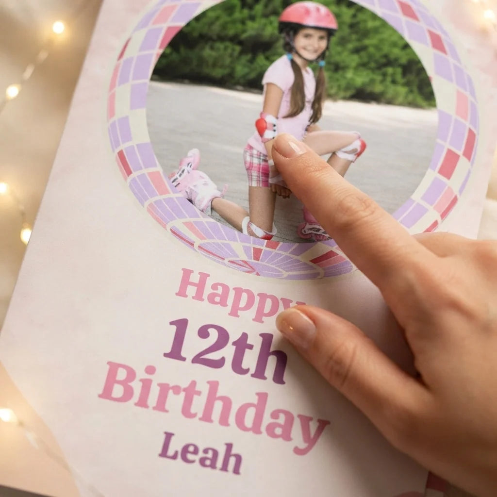 Close-up of the personalised name and photo printed on the Pastel Retro Roller Skate Birthday Mega Card