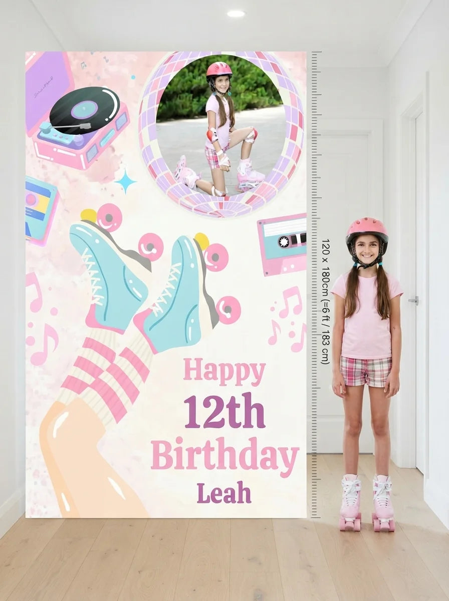 Person standing beside the Pastel Retro Roller Skate Birthday Mega Card for scale in a size guide