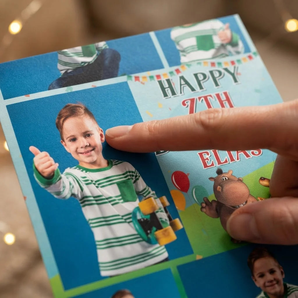 Close-up of the personalised name and photo printed on the Pat and Stan Mega Card