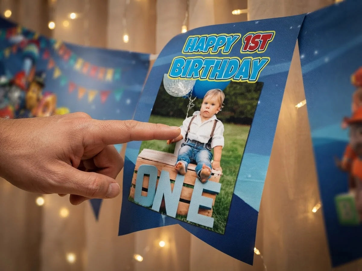 Close-up of the personalised name and photo printed on the Paw Patrol Birthday Banner