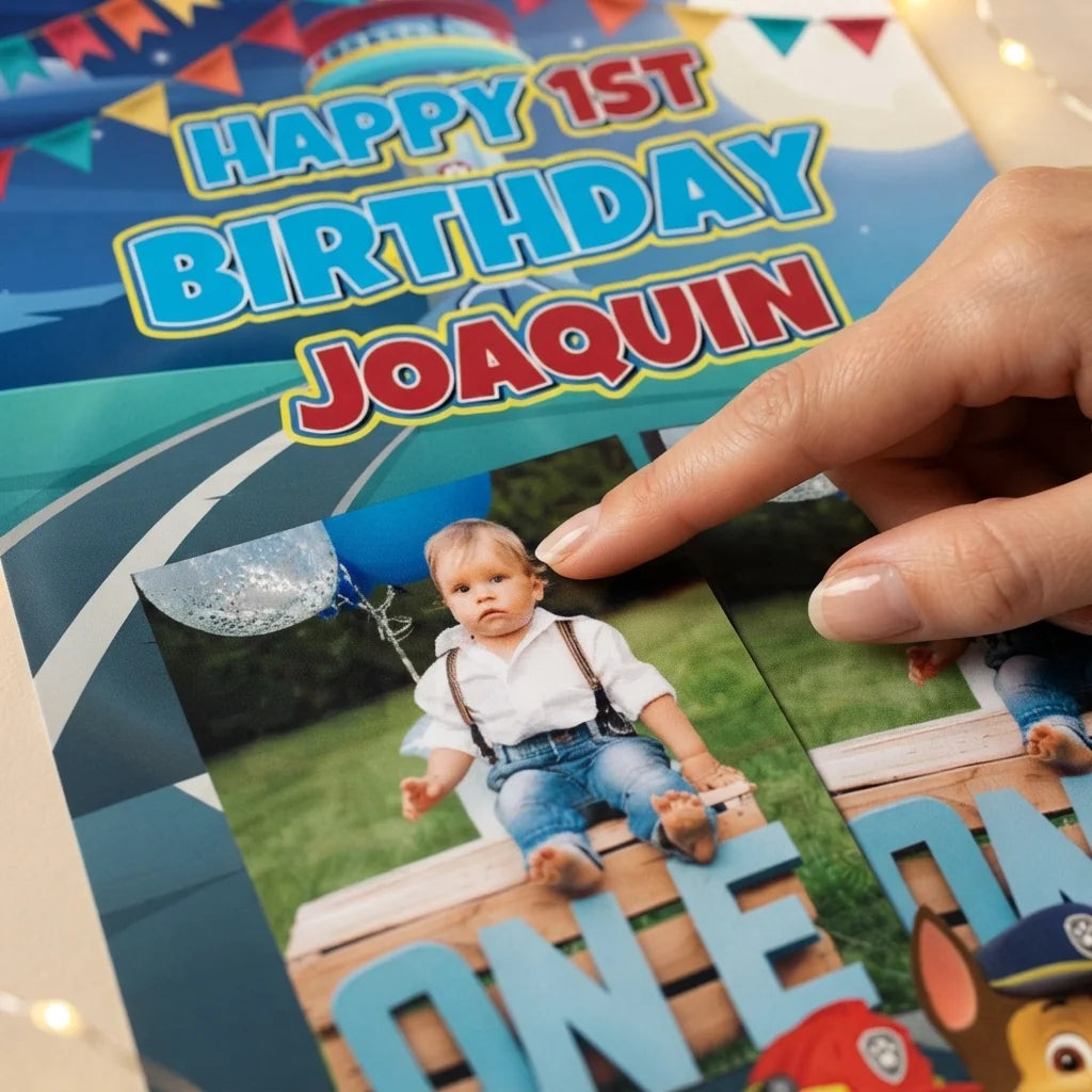 Close-up of the personalised name and photo printed on the Paw Patrol Mega Card