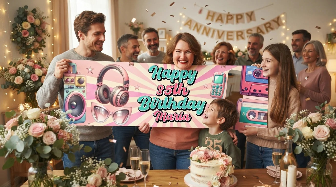 Friends and family celebrating with the personalised Pink Retro Birthday Theme Party Banner