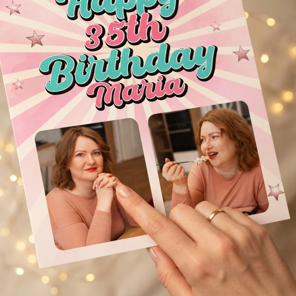 Close-up of the personalised name and photo printed on the Pink Retro Birthday Theme Party Mega Card
